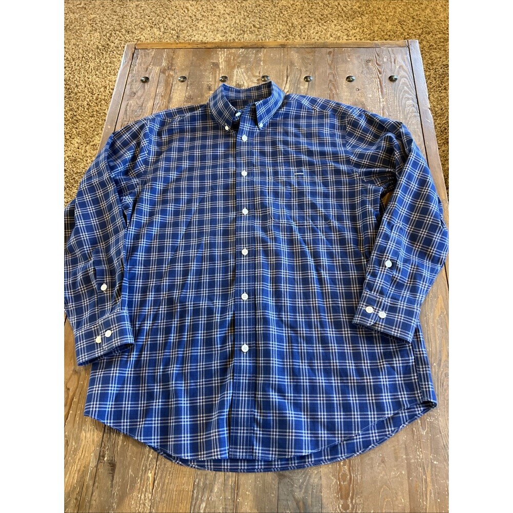 Orvis Men’s Wrinkle Free Blue Checkered Plaid Long Sleeve Button-Up Sz L EUC